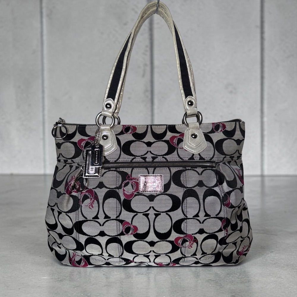 Coach Poppy Heart Glam Tote 18711 Signature Gray Black Pink Y2K Shoulder Bag